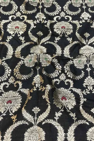 Black Banarasi Pure Raw Silk Meenakari Fabric ( 1 Mtr )