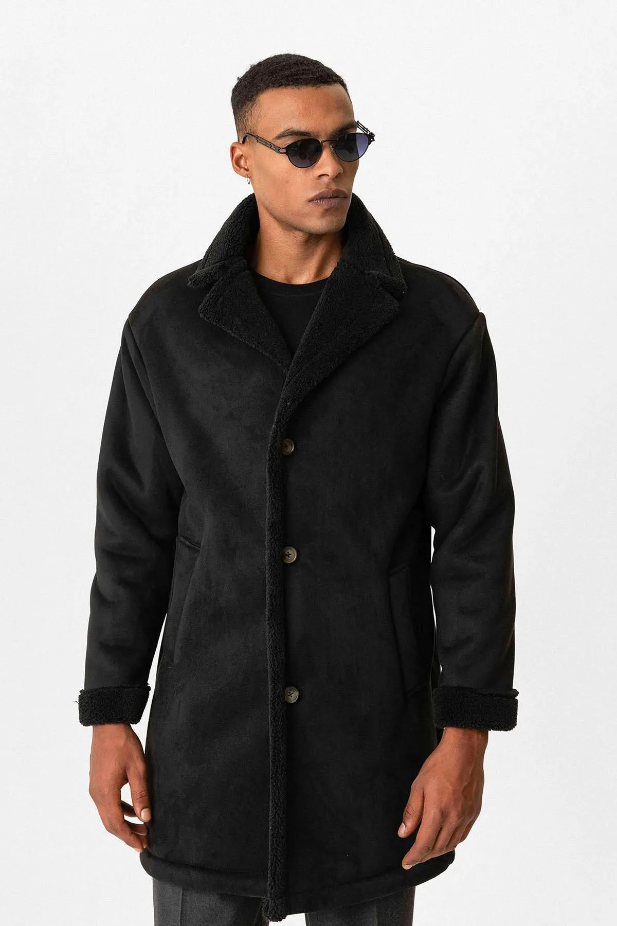 Black Suede-Look Men's Jacket with Lining Detail - Wessi