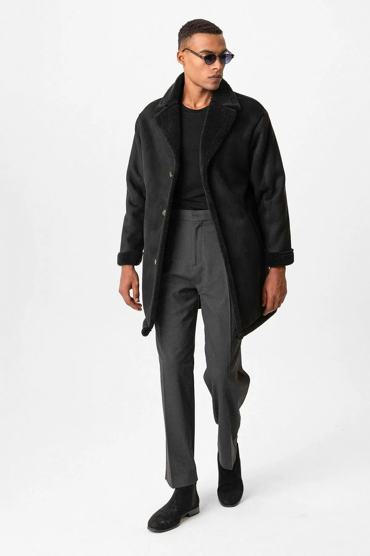 Black Suede-Look Men's Jacket with Lining Detail - Wessi