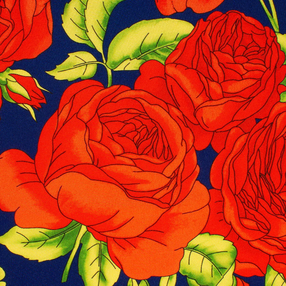 Bold Red Floral Printed Dark Blue Silk Crêpe