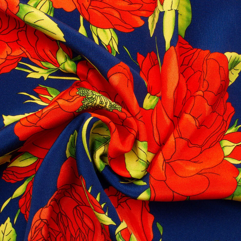 Bold Red Floral Printed Dark Blue Silk Crêpe