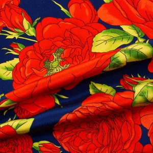 Bold Red Floral Printed Dark Blue Silk Crêpe