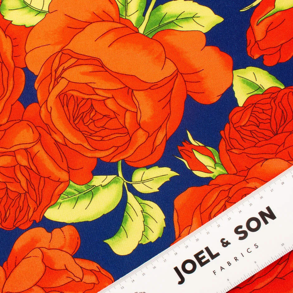 Bold Red Floral Printed Dark Blue Silk Crêpe