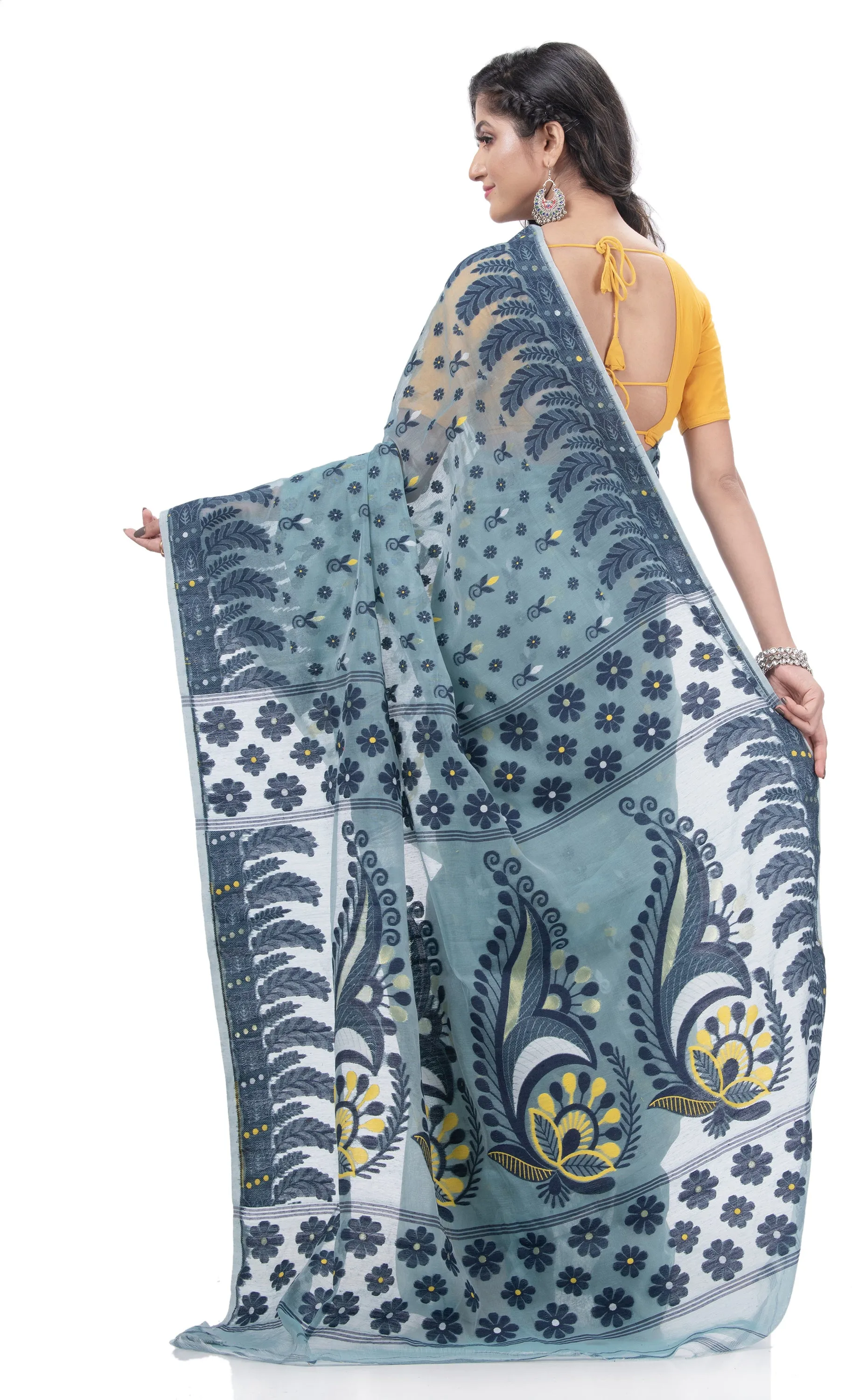 Desh Bidesh Embellished Jamdani Handloom Cotton Blend Saree (Blue)