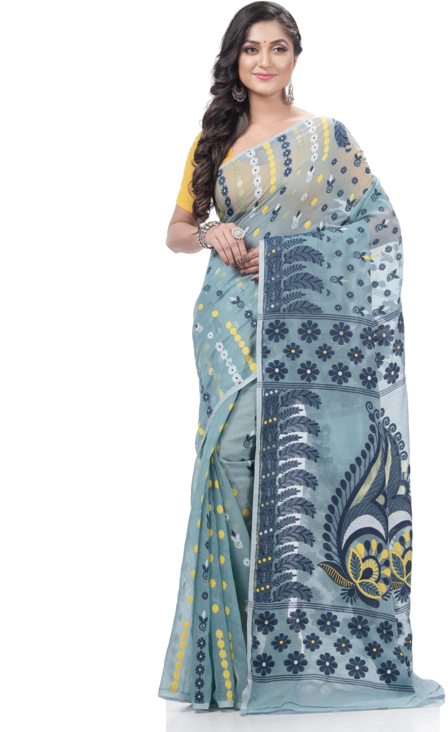 Desh Bidesh Embellished Jamdani Handloom Cotton Blend Saree (Blue)