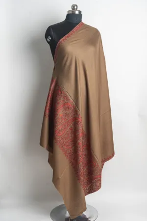 Exquisite Kashmiri Hand Embroidered Merino Wool Sozni Shawl in Earthy Tones