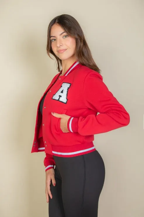 EZwear Letter Patched Crop Varsity Jacket