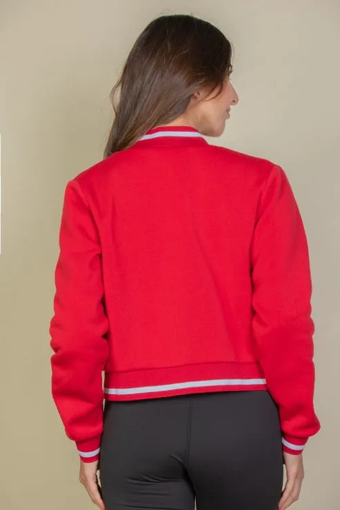 EZwear Letter Patched Crop Varsity Jacket