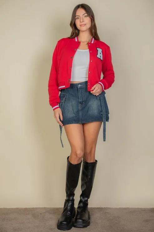 EZwear Letter Patched Crop Varsity Jacket