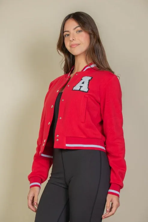 EZwear Letter Patched Crop Varsity Jacket