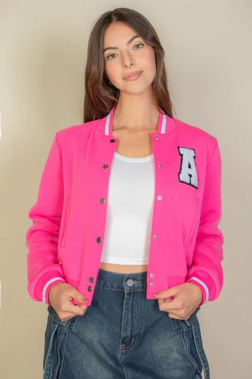 EZwear Letter Patched Crop Varsity Jacket