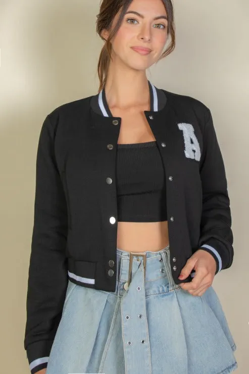 EZwear Letter Patched Crop Varsity Jacket