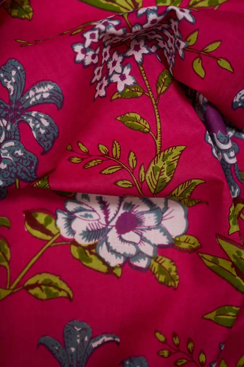 Fuscia Pink Pure Cotton Floral Printed Fabric