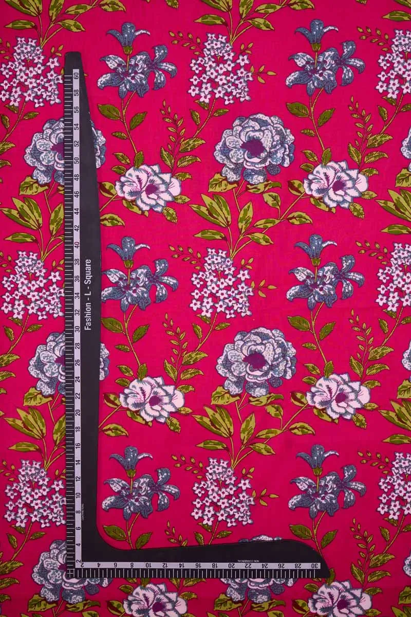 Fuscia Pink Pure Cotton Floral Printed Fabric