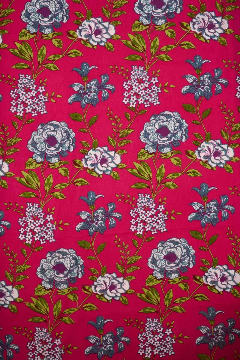 Fuscia Pink Pure Cotton Floral Printed Fabric