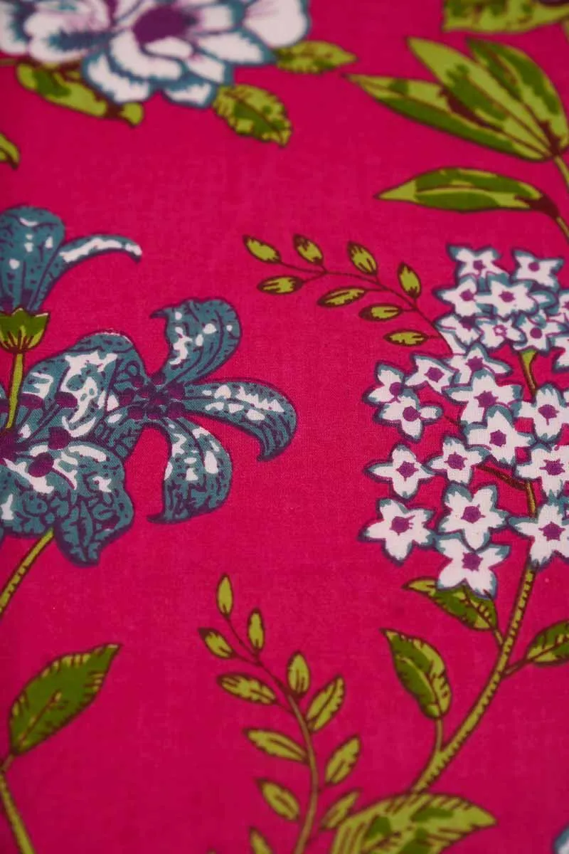 Fuscia Pink Pure Cotton Floral Printed Fabric