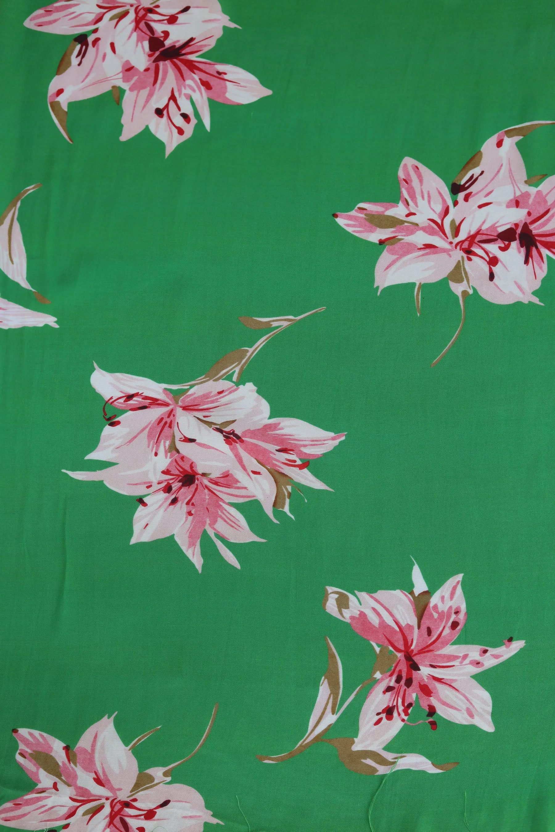 Green Pink Floral Pattern Printed Natural Muslin Silk Fabric