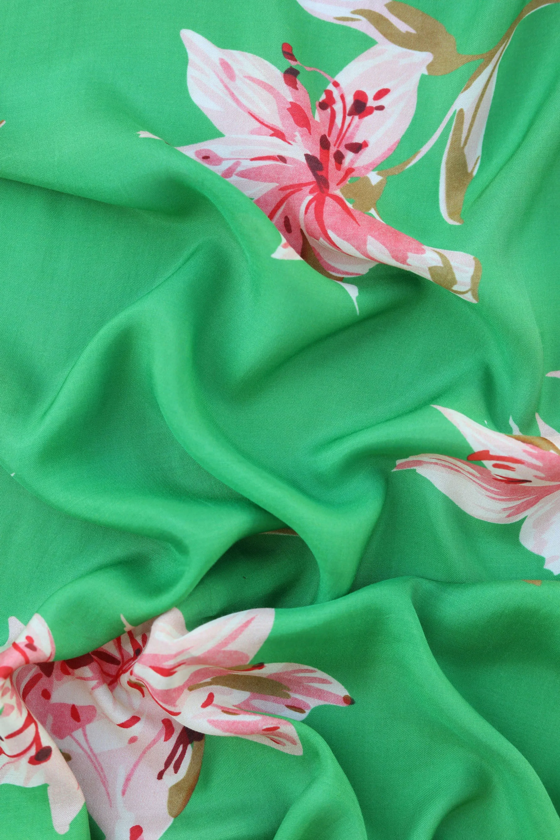 Green Pink Floral Pattern Printed Natural Muslin Silk Fabric