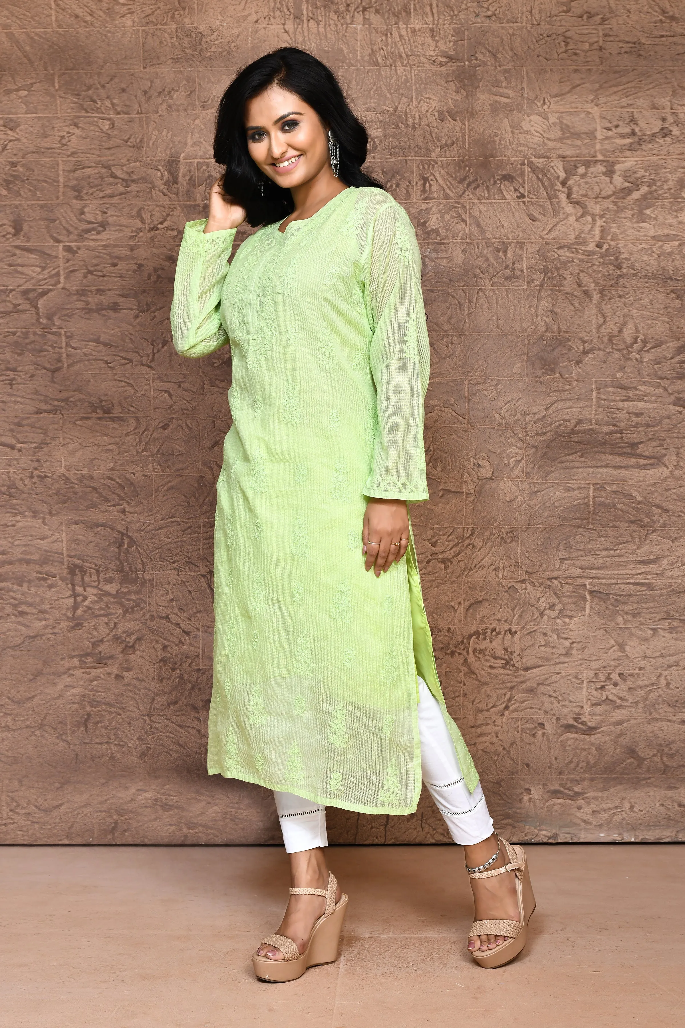 Lime Green Chikankari Kurta With Voil Cotton Lining