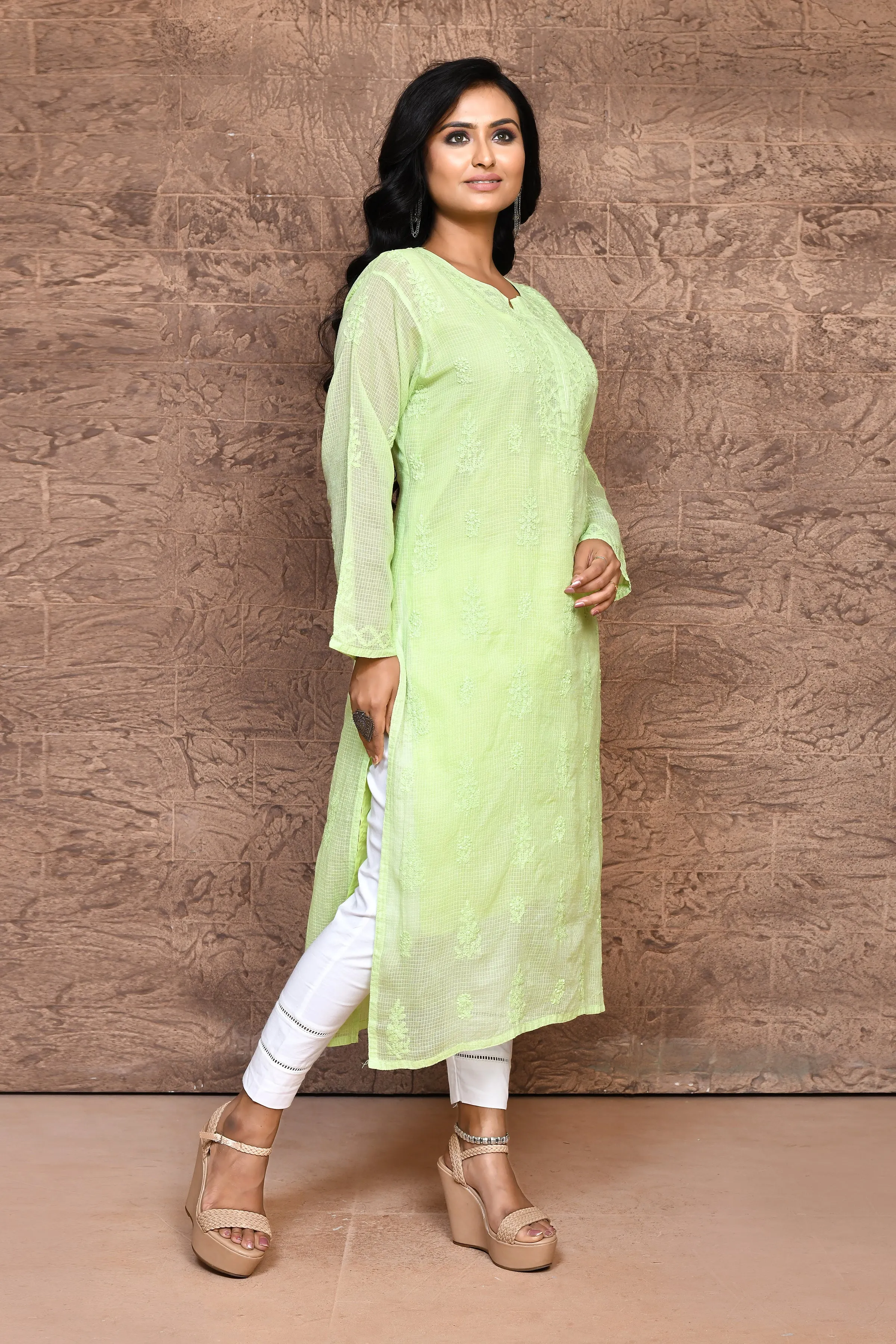 Lime Green Chikankari Kurta With Voil Cotton Lining