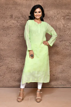 Lime Green Chikankari Kurta With Voil Cotton Lining