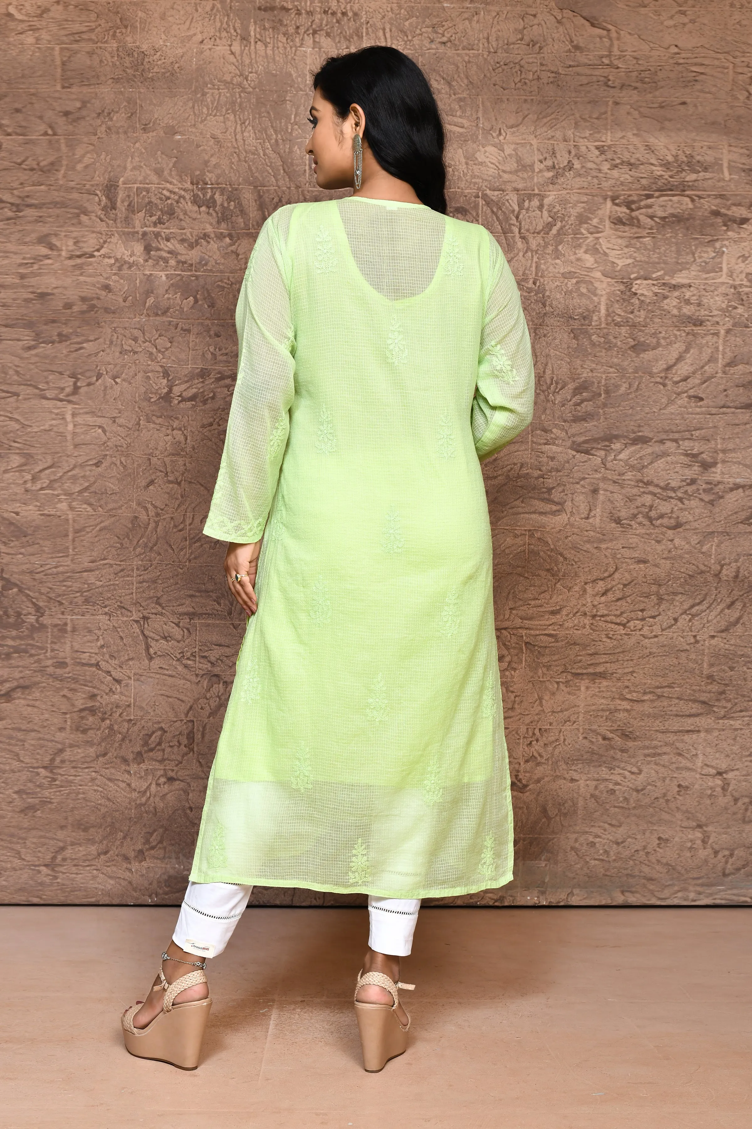 Lime Green Chikankari Kurta With Voil Cotton Lining