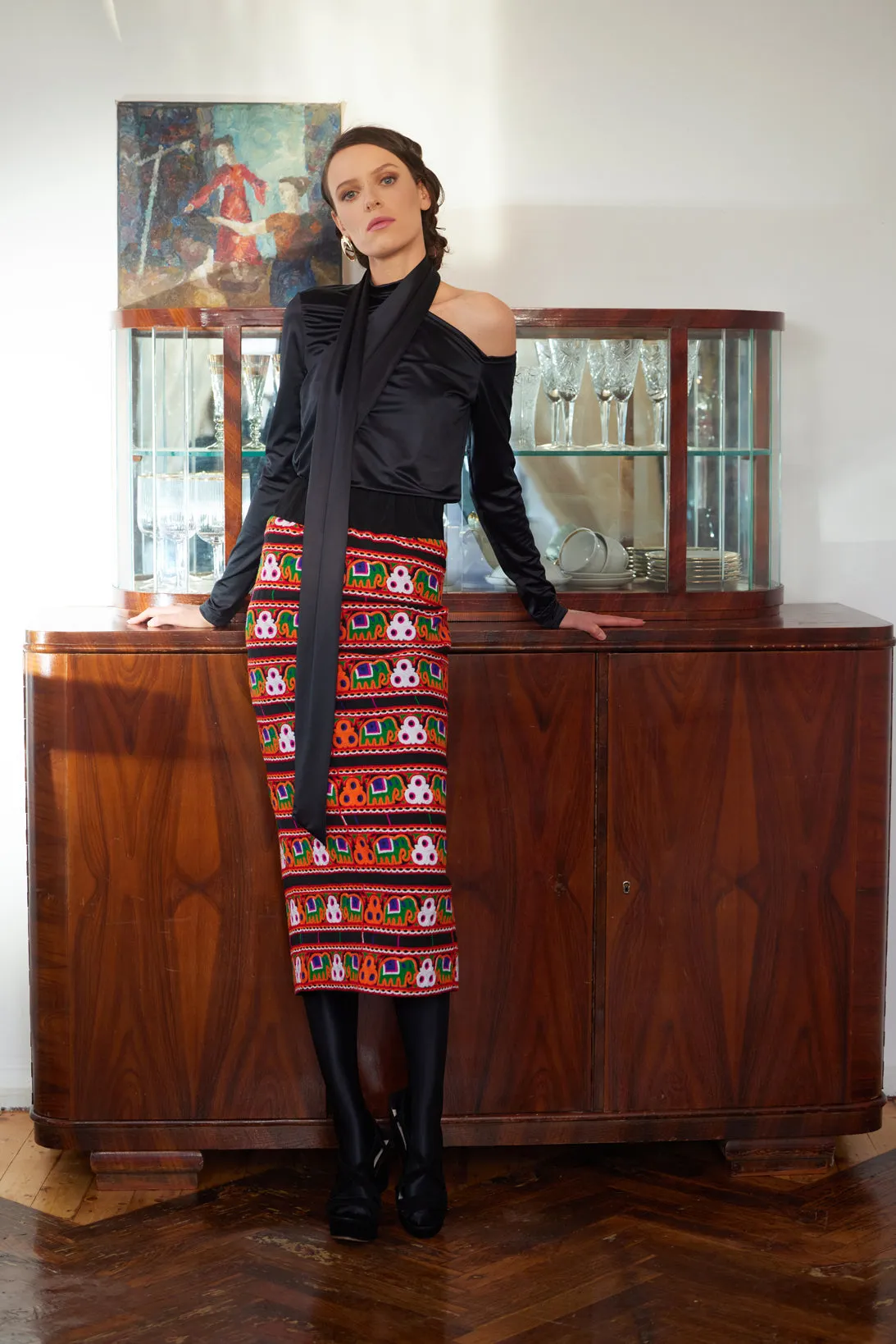 Mid-Calf Embroidered Skirt With Ornate Pattern Colorful