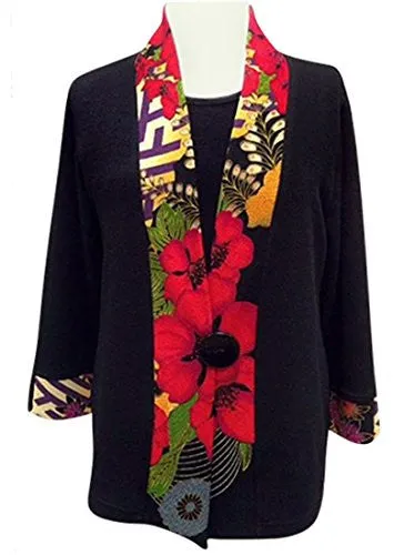 Moonlight - Three Flowers, Kimono Jacket Floral Print Accented Collar & Sleeves