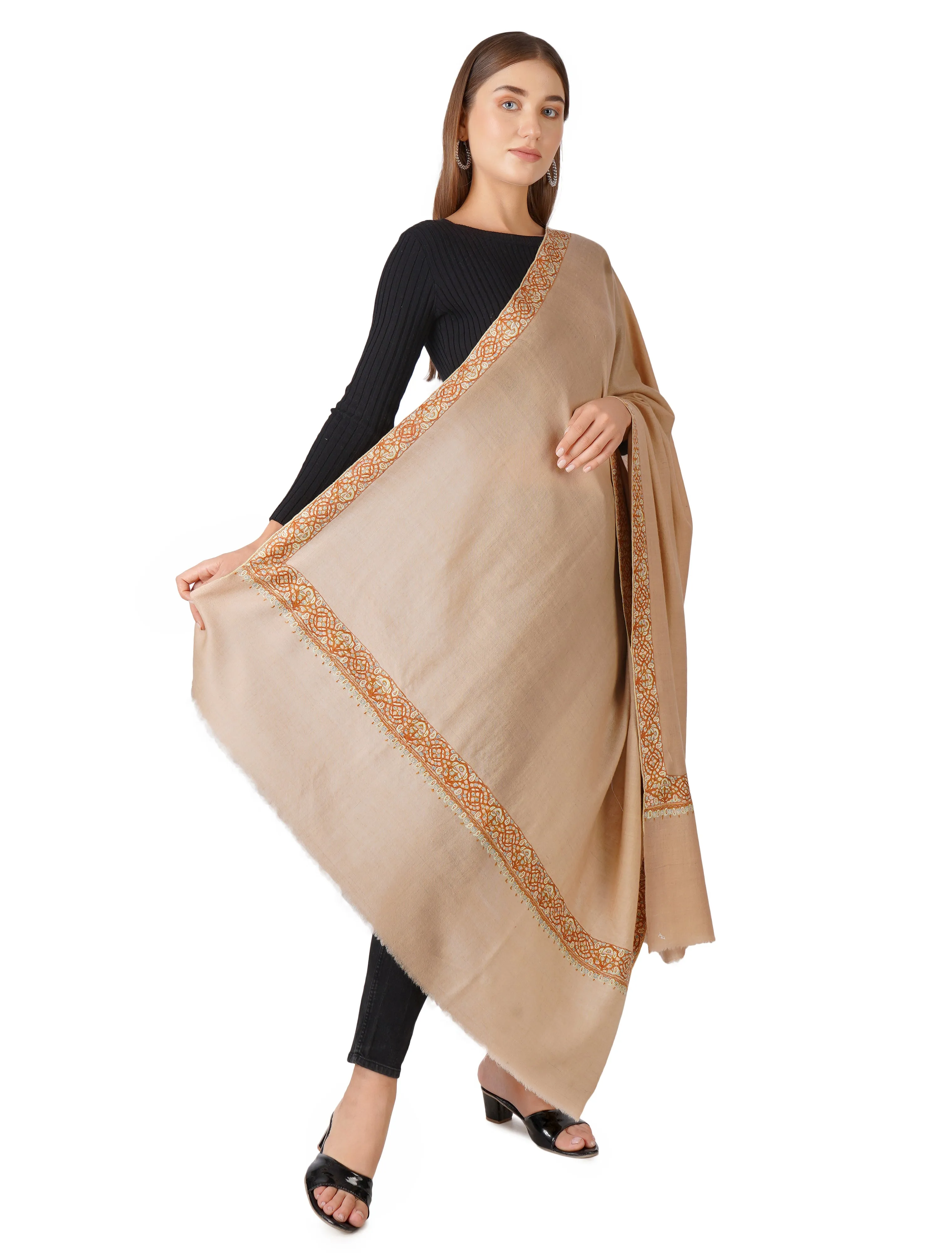 Pashmina Shawl Handmade with Graceful Embroidery - Natural