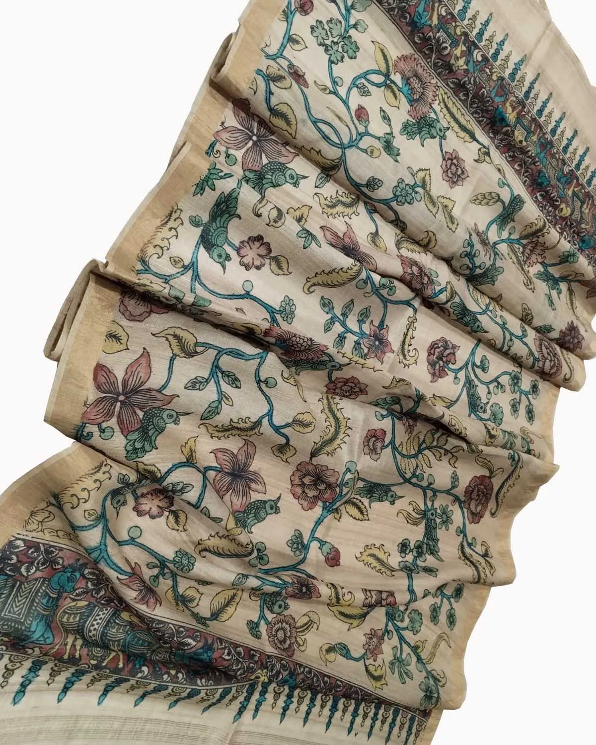 Pastel Pen Kalamkari Pure Tussar Silk Dupatta: Elegant and Ethereal