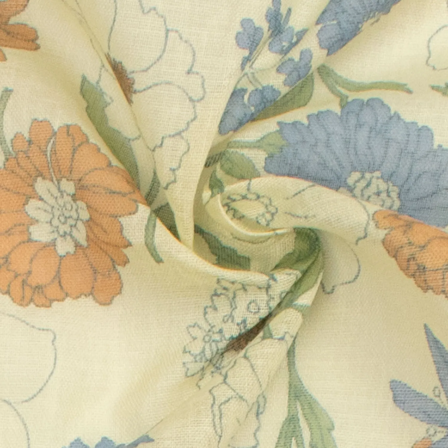 Printed Cotton Voile Design-65 Blue & Orange Florals on Light Yellow