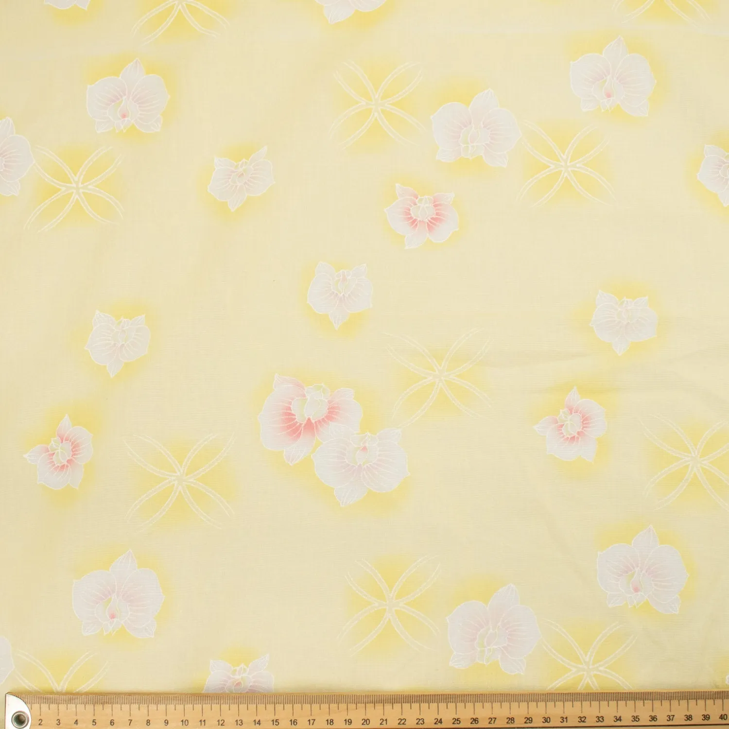 Printed Cotton Voile Design-66 Pink & White Flowers on Yellow