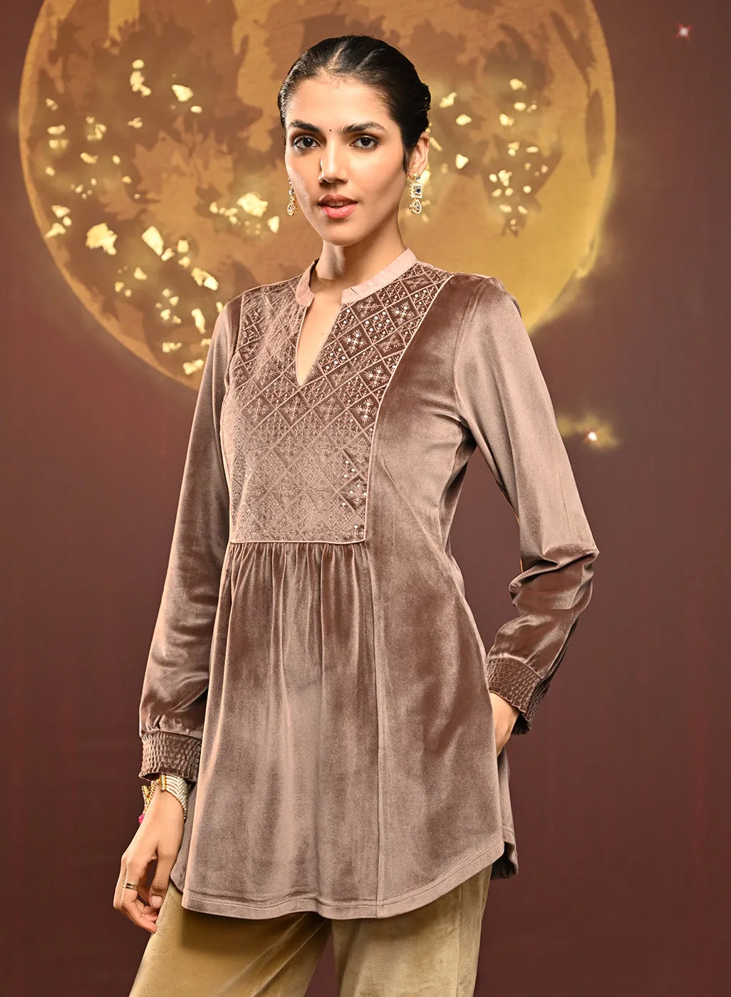 Qainaat Beige Embroidered Velvet Top for Women