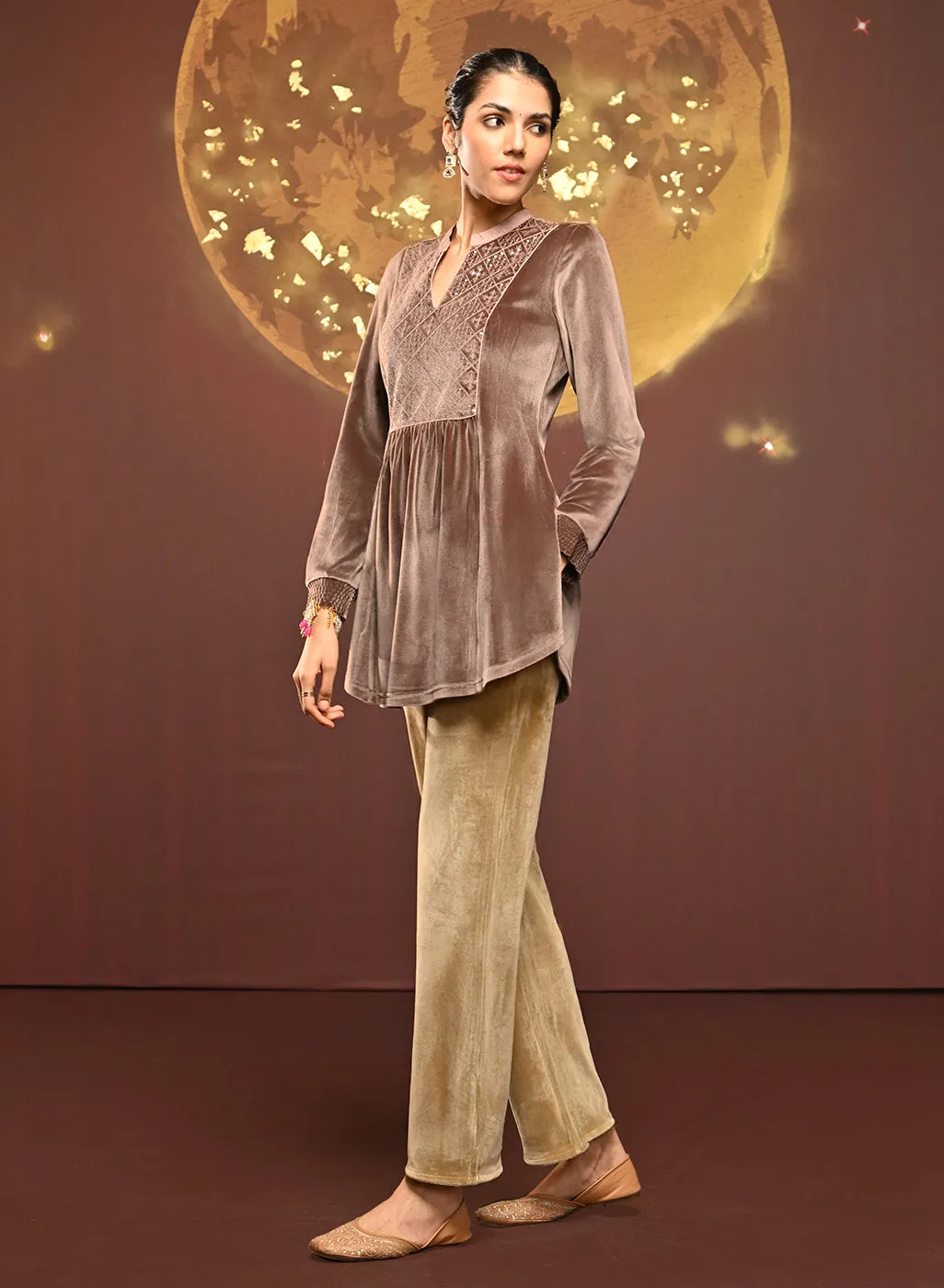 Qainaat Beige Embroidered Velvet Top for Women