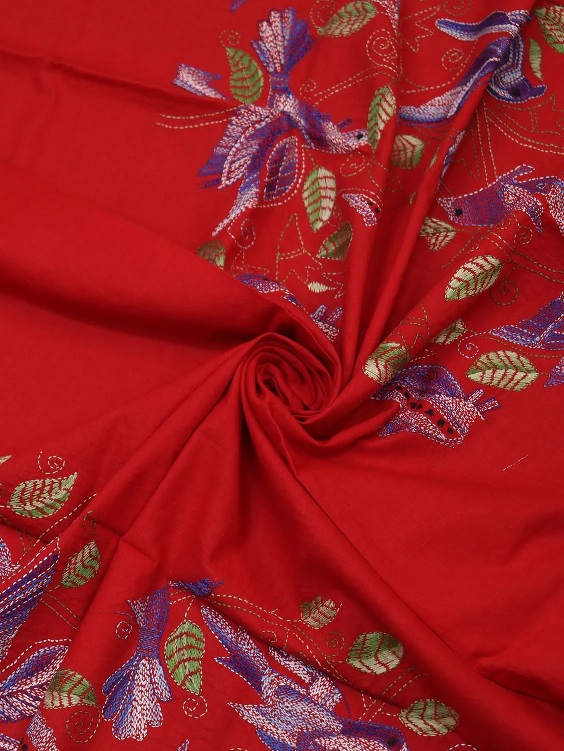 Shop Red Embroidered Kantha Cotton Blouse Piece Fabric (1 Mtr) Online