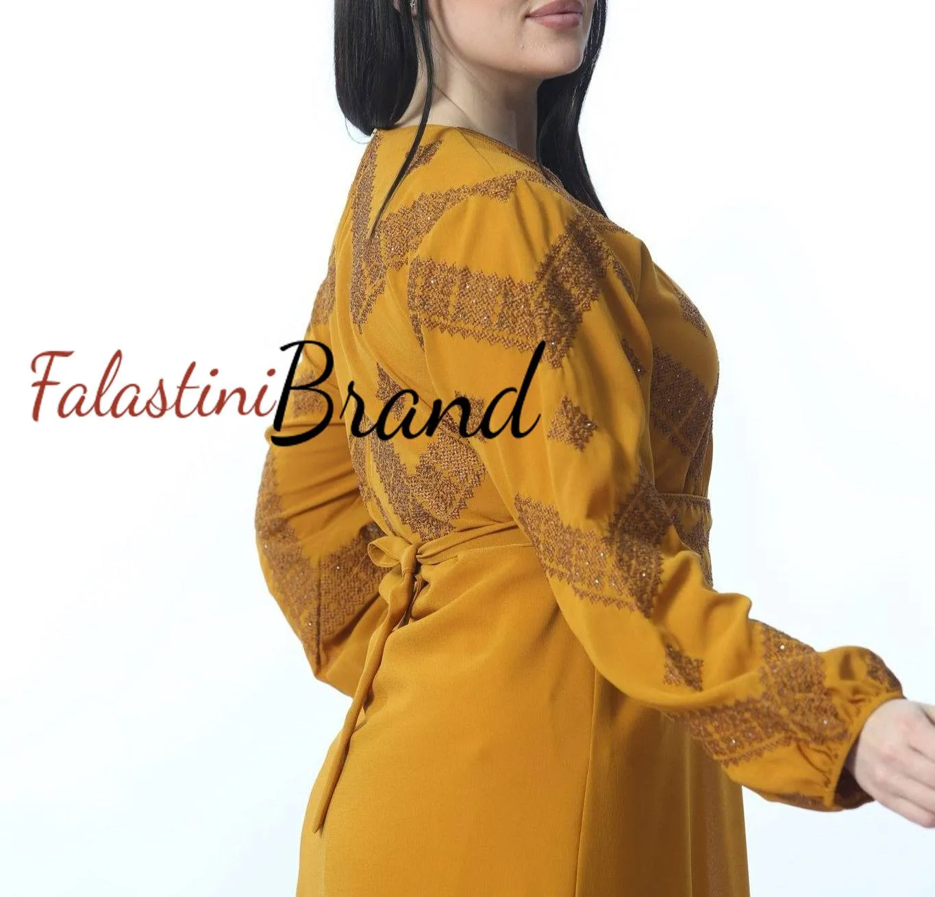 Stylish Mustard Thobe Embroidered Palestinian Dress