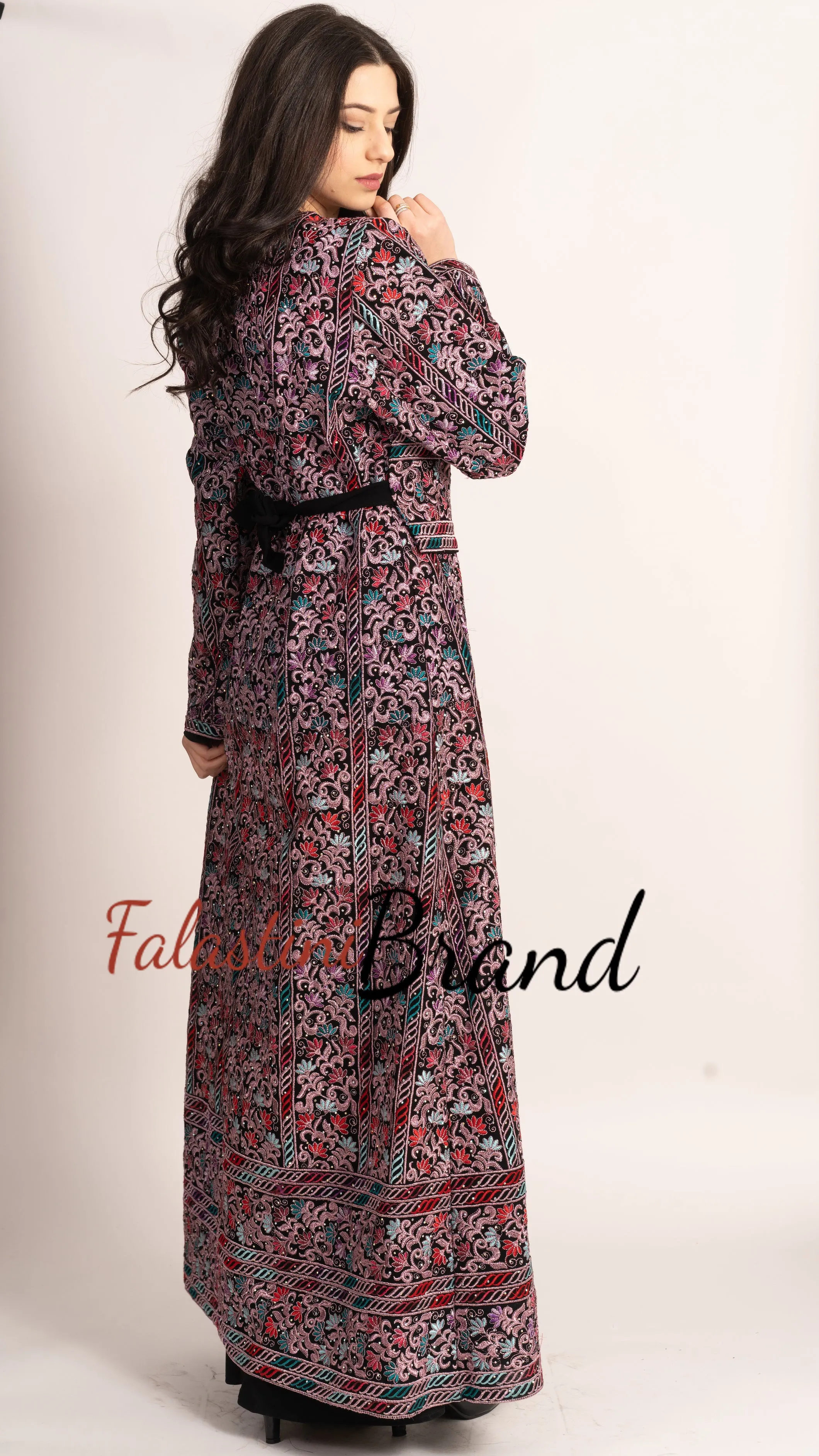 Wonderful Metallic Silver Threads Palestinian Embroidered Thobe Dress Long Sleeve